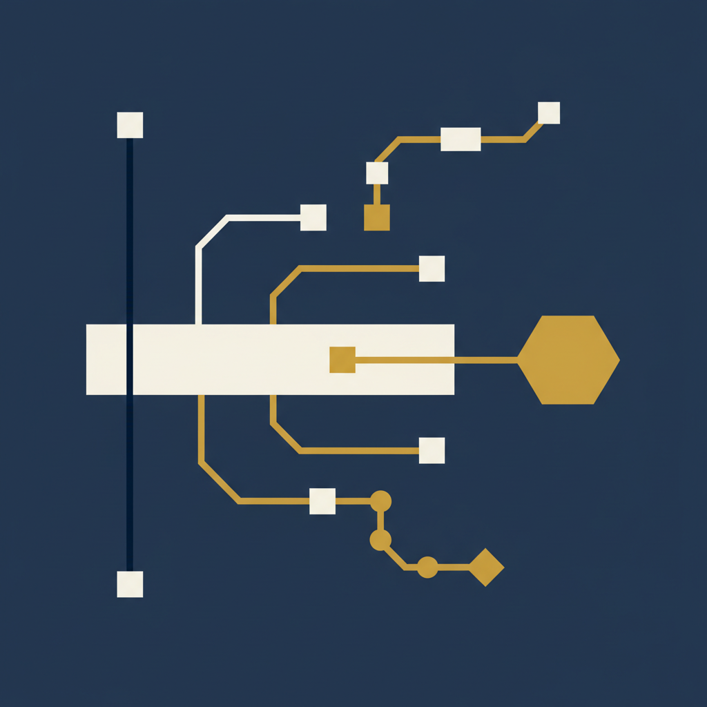 Abstract flat vector illustration of a branching decision tree with three highlighted paths, in deep navy, off-white and gold