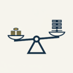 Abstract flat vector illustration of a balance scale weighing coins against a server silhouette, in deep navy, off-white and gold