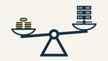 Abstract flat vector illustration of a balance scale weighing coins against a server silhouette, in deep navy, off-white and gold