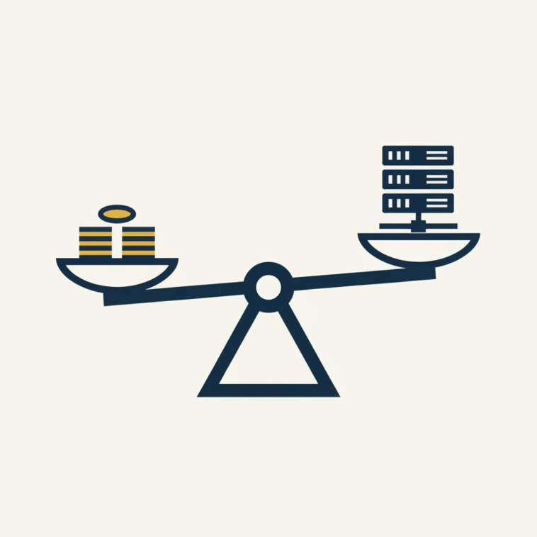 Abstract flat vector illustration of a balance scale weighing coins against a server silhouette, in deep navy, off-white and gold