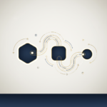 Abstract flat vector illustration of three interconnected geometric nodes linked by flowing lines, in deep navy, off-white and gold