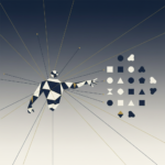 Abstract flat vector illustration of a geometric figure reaching toward a grid of app shapes, in deep navy, off-white and gold