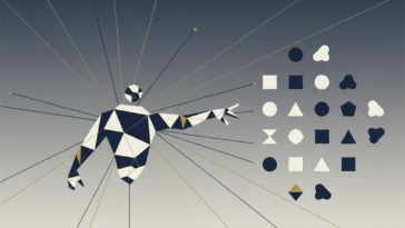 Abstract flat vector illustration of a geometric figure reaching toward a grid of app shapes, in deep navy, off-white and gold