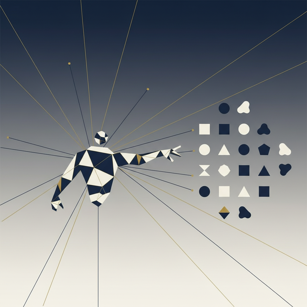 Abstract flat vector illustration of a geometric figure reaching toward a grid of app shapes, in deep navy, off-white and gold