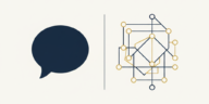 Abstract flat vector illustration contrasting a speech bubble shape with a network of connected nodes, in deep navy, off-white and gold