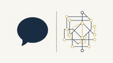 Abstract flat vector illustration contrasting a speech bubble shape with a network of connected nodes, in deep navy, off-white and gold