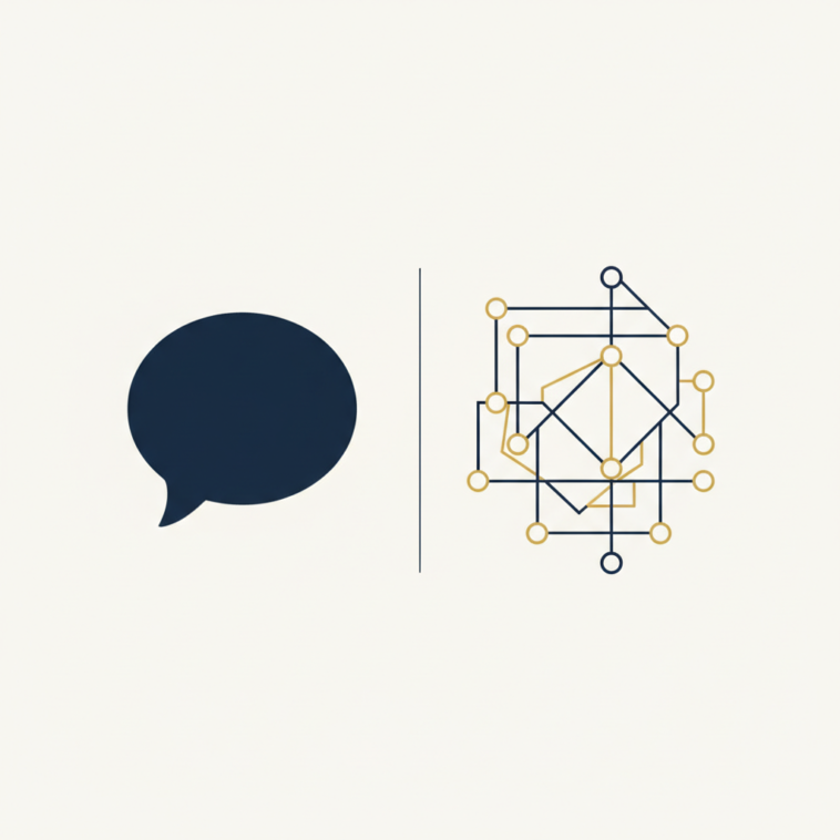 Abstract flat vector illustration contrasting a speech bubble shape with a network of connected nodes, in deep navy, off-white and gold