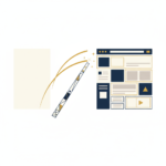 Abstract flat vector illustration of a stylized pen transforming a blank rectangle into a webpage layout, in deep navy, off-white and gold