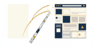 Abstract flat vector illustration of a stylized pen transforming a blank rectangle into a webpage layout, in deep navy, off-white and gold