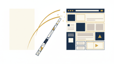 Abstract flat vector illustration of a stylized pen transforming a blank rectangle into a webpage layout, in deep navy, off-white and gold
