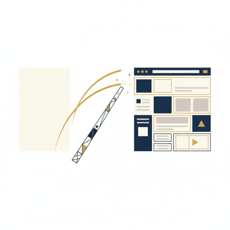 Abstract flat vector illustration of a stylized pen transforming a blank rectangle into a webpage layout, in deep navy, off-white and gold