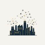 Abstract flat vector illustration of factory silhouettes beneath connected geometric nodes, in deep navy, off-white and gold
