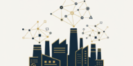Abstract flat vector illustration of factory silhouettes beneath connected geometric nodes, in deep navy, off-white and gold