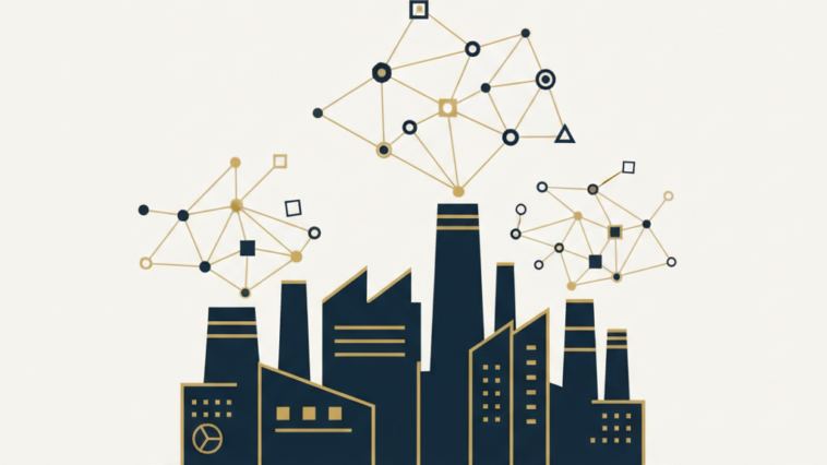 Abstract flat vector illustration of factory silhouettes beneath connected geometric nodes, in deep navy, off-white and gold
