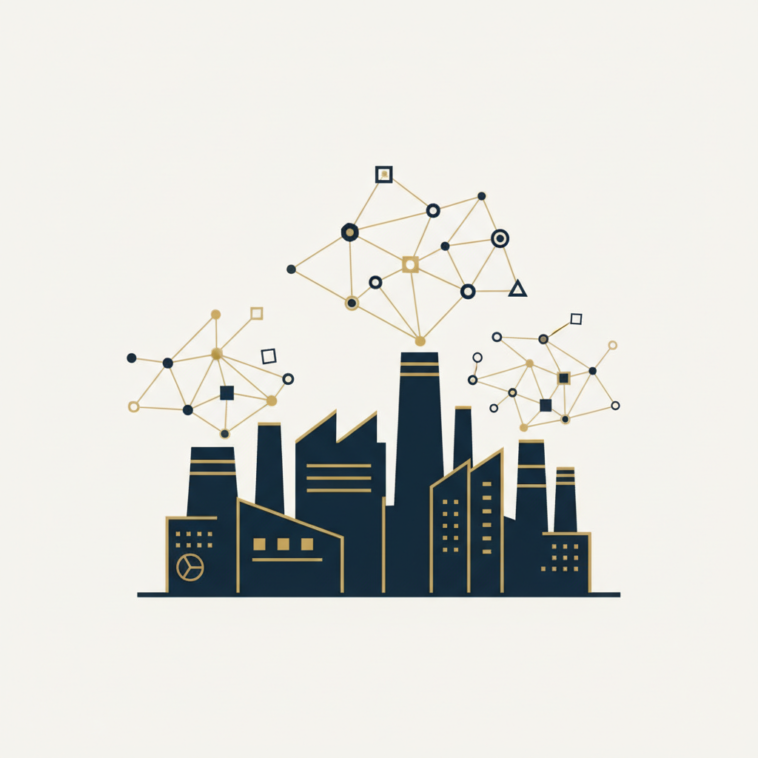 Abstract flat vector illustration of factory silhouettes beneath connected geometric nodes, in deep navy, off-white and gold