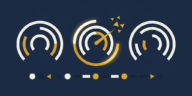 Abstract flat vector illustration of circular gauge dials and alert indicators, in deep navy, off-white and gold