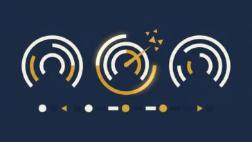 Abstract flat vector illustration of circular gauge dials and alert indicators, in deep navy, off-white and gold